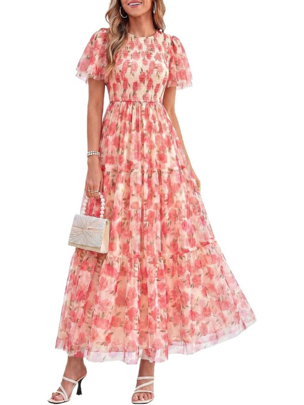 〽️Women’s Beige Red Floral Maxi Dress Flutter Sleeve Smocked Tiered Boho